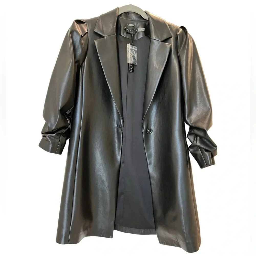 NWT ALICE + OLIVIA Wenona Puff Sleeve Vegan Leather Blazer - Black